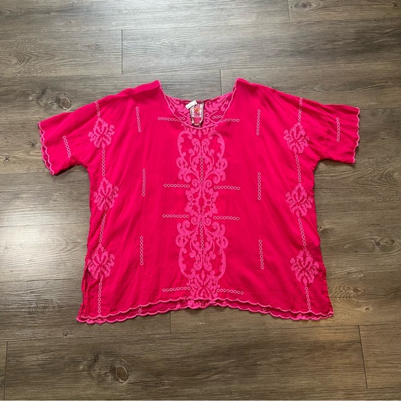 Johnny Was Hot Pink Demoran Tonal Embroidered Blouse Top Short Sleeve Size M - Picture 2 of 7
